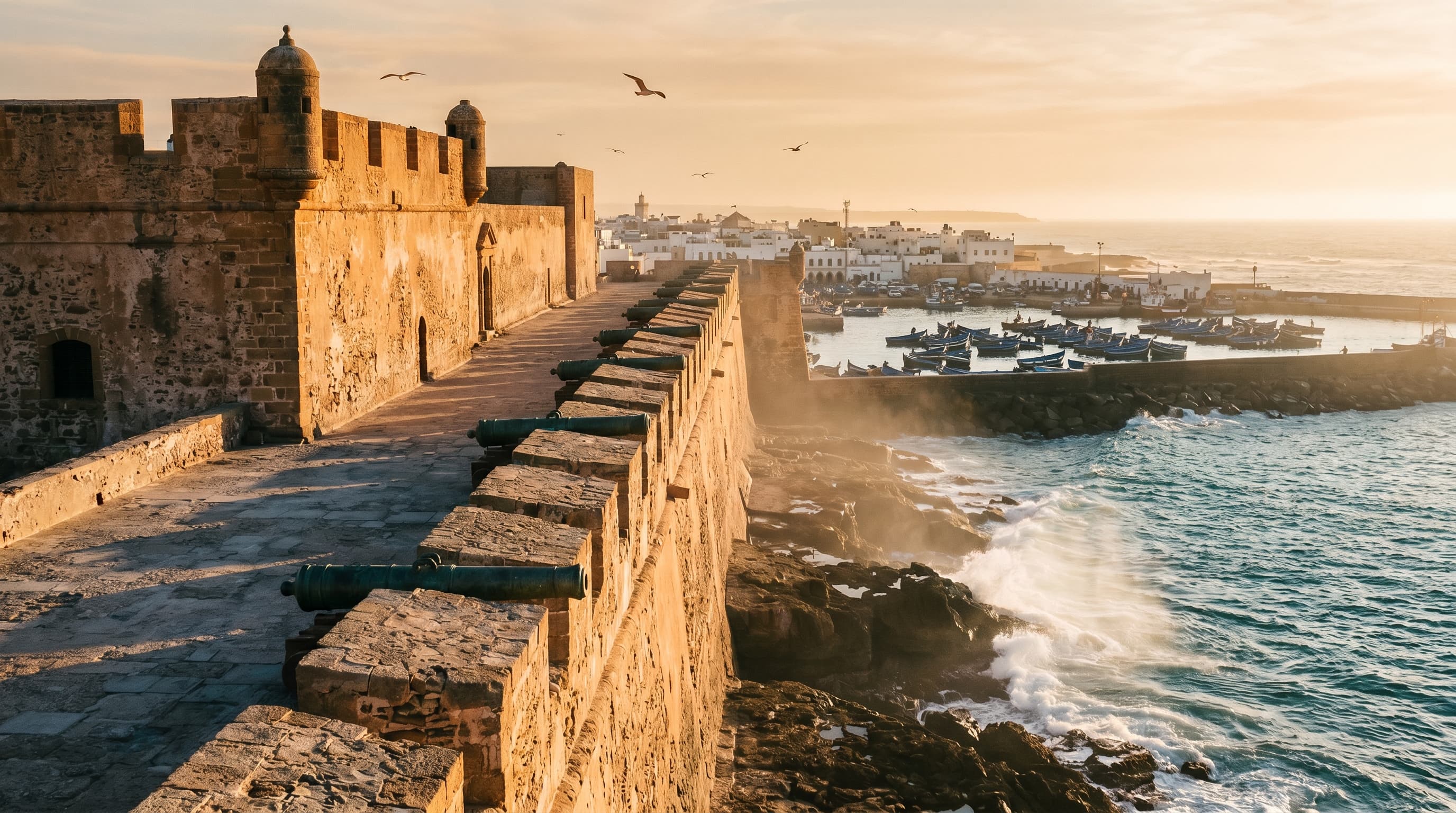 Essaouira day trip from Marrakech — Atlantic coast fishing port with blue boats and historic ramparts