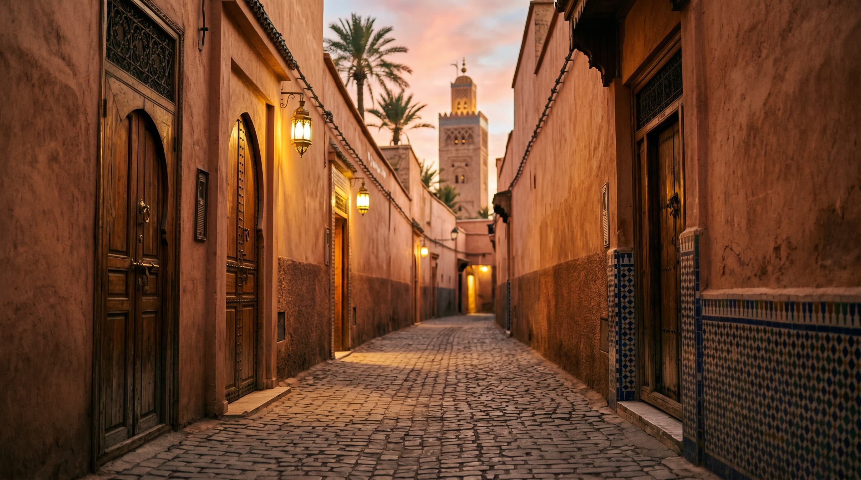Marrakech city tour — medina alley at golden hour with the Koutoubia minaret visible in the distance