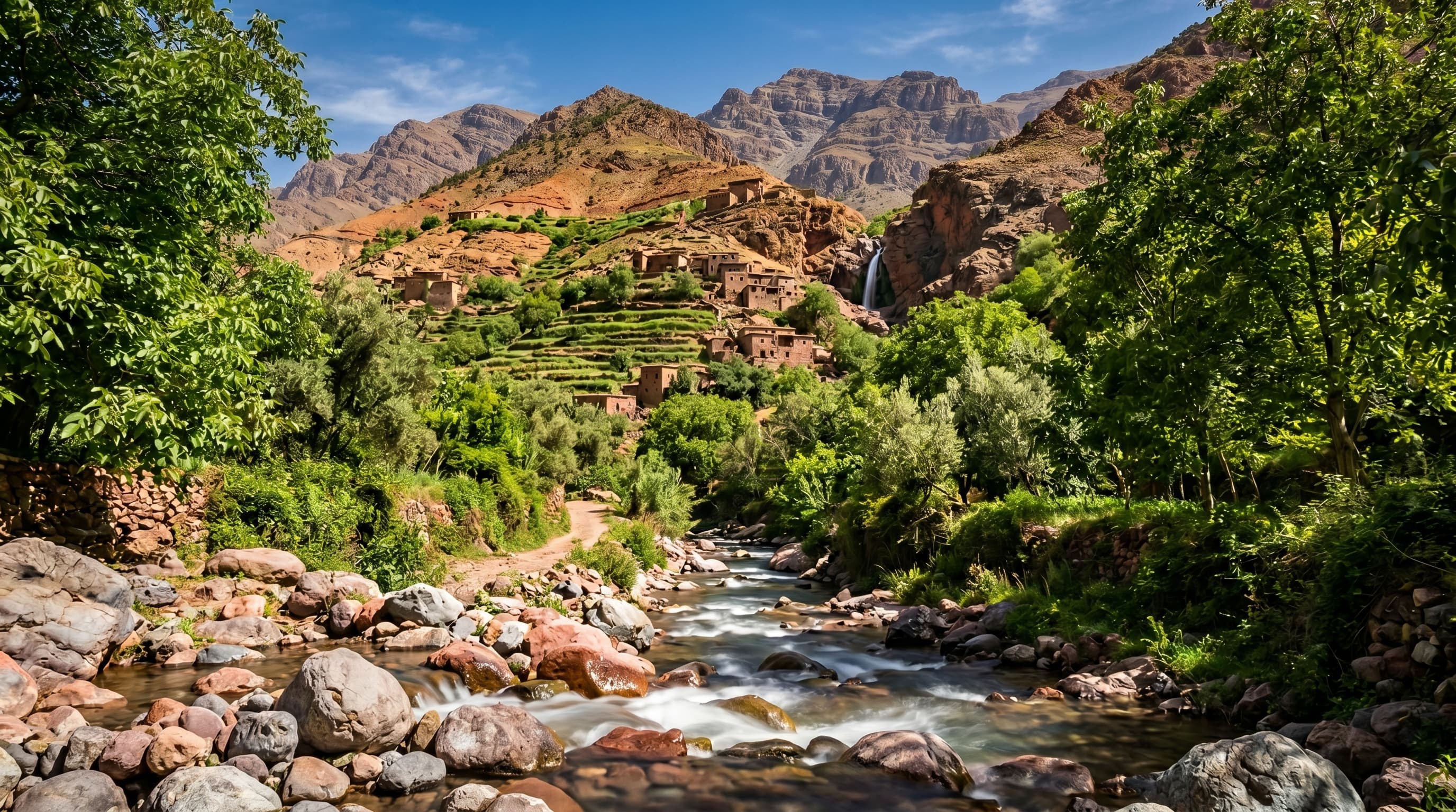Ourika Valley day trip from Marrakech — lush green valley with waterfalls in the High Atlas Mountains