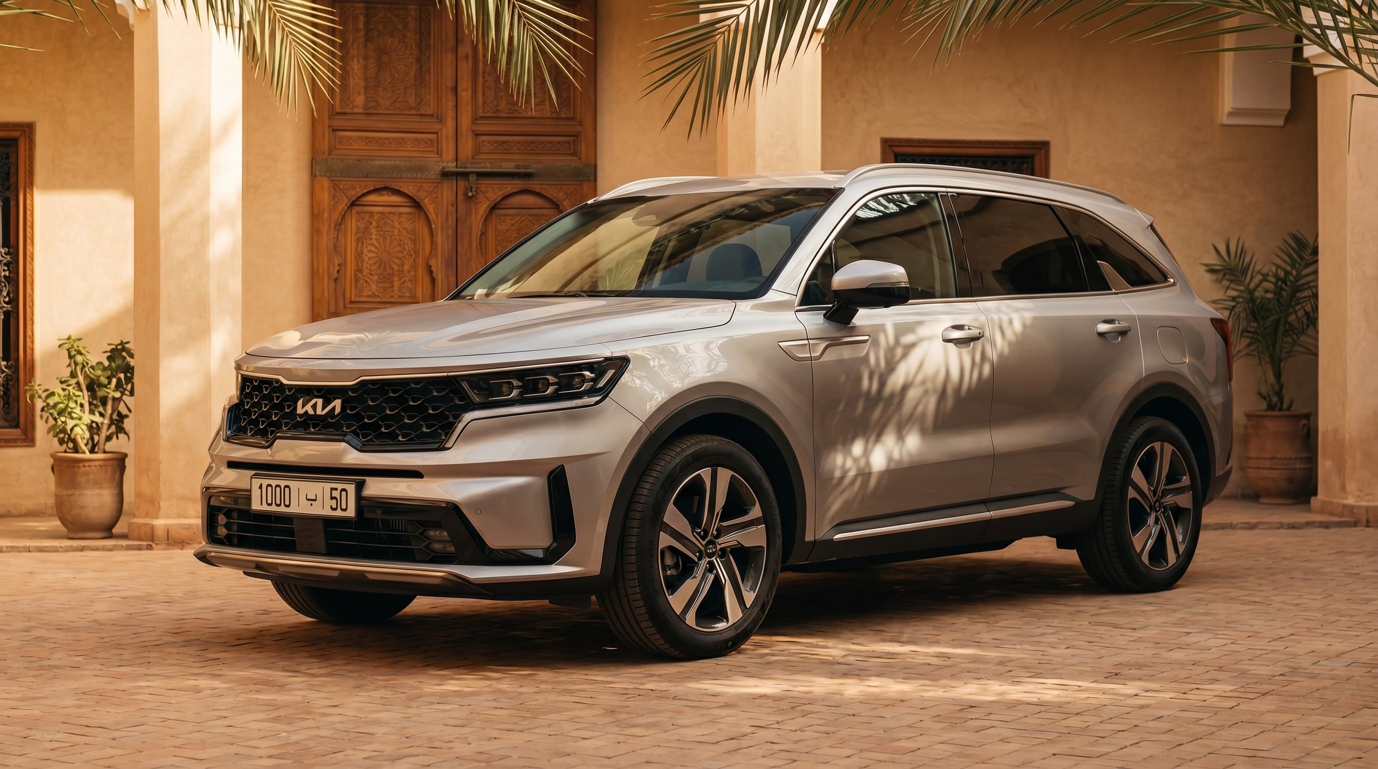 Kia Sorento 4WD private vehicle for Marrakech tours — parked in front of a traditional riad in the medina