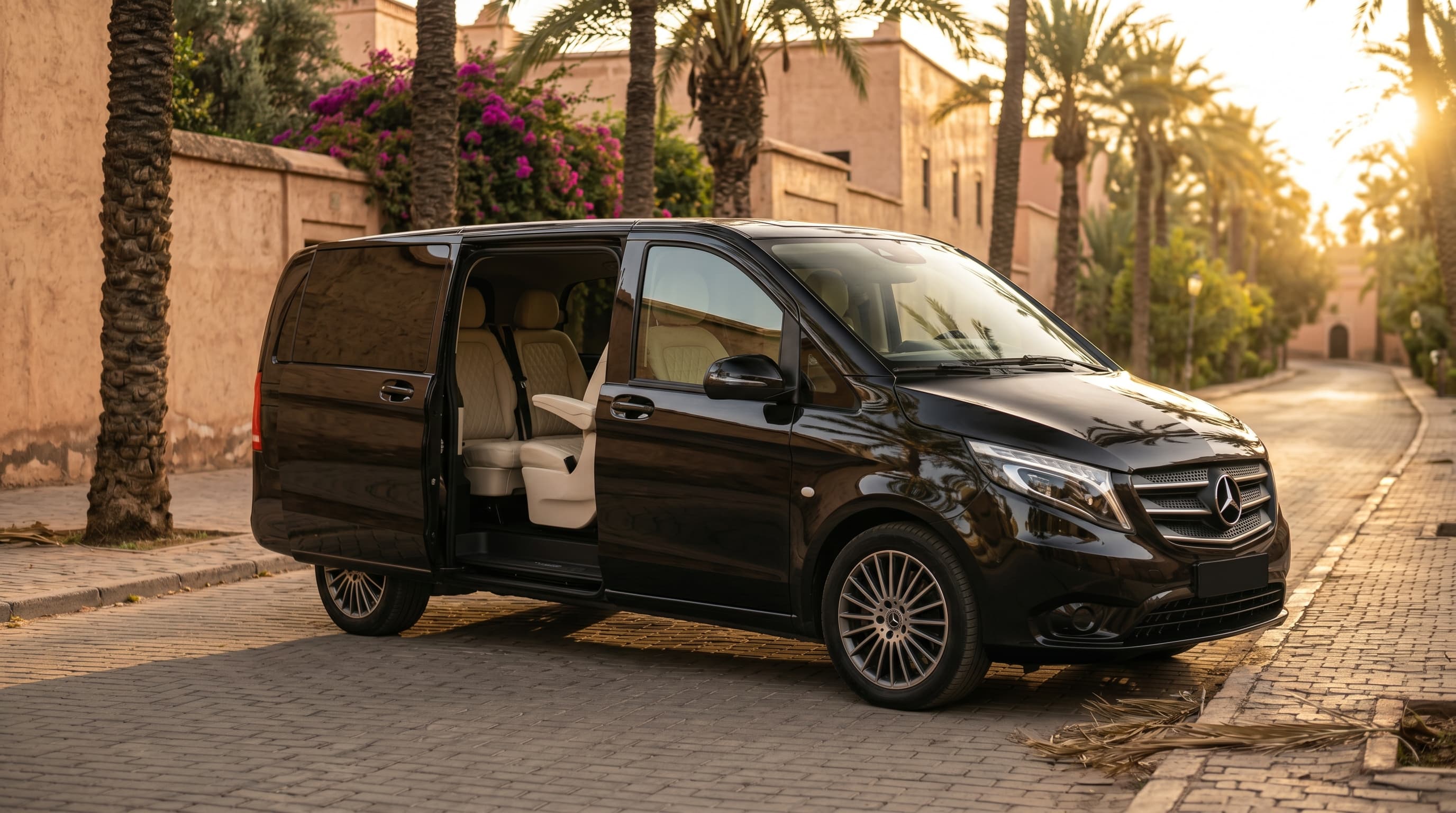 Mercedes-Benz Vito 7-passenger luxury van for group transfers in Marrakech — parked on palm-lined avenue at golden hour
