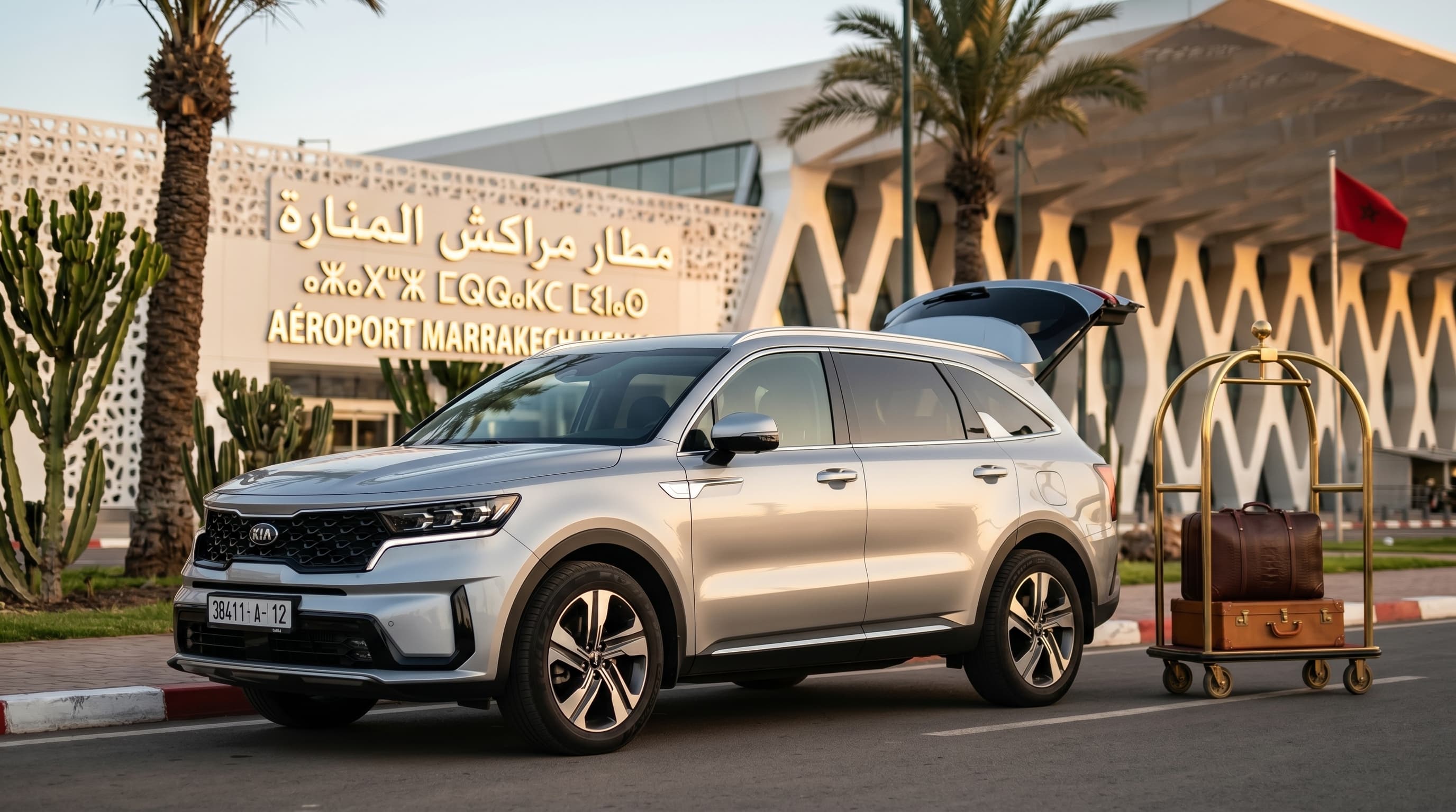 Marrakech airport transfer — private Kia Sorento at Menara Airport arrivals with luggage cart ready for pickup