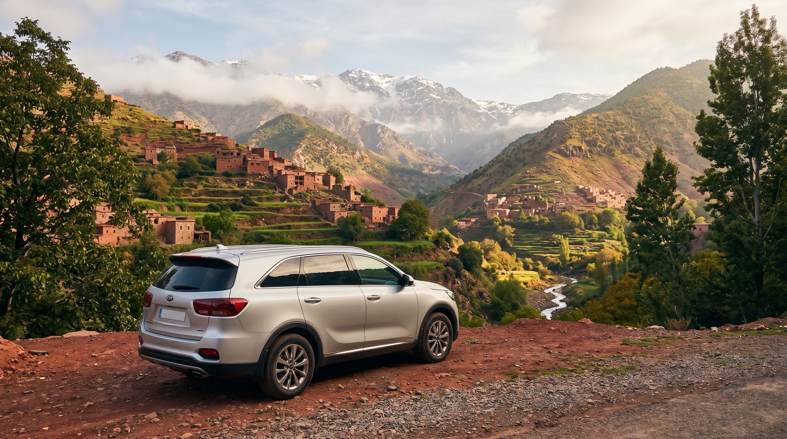 Atlas Mountains day trip from Marrakech — private excursion to Berber village with Kia Sorento at scenic viewpoint
